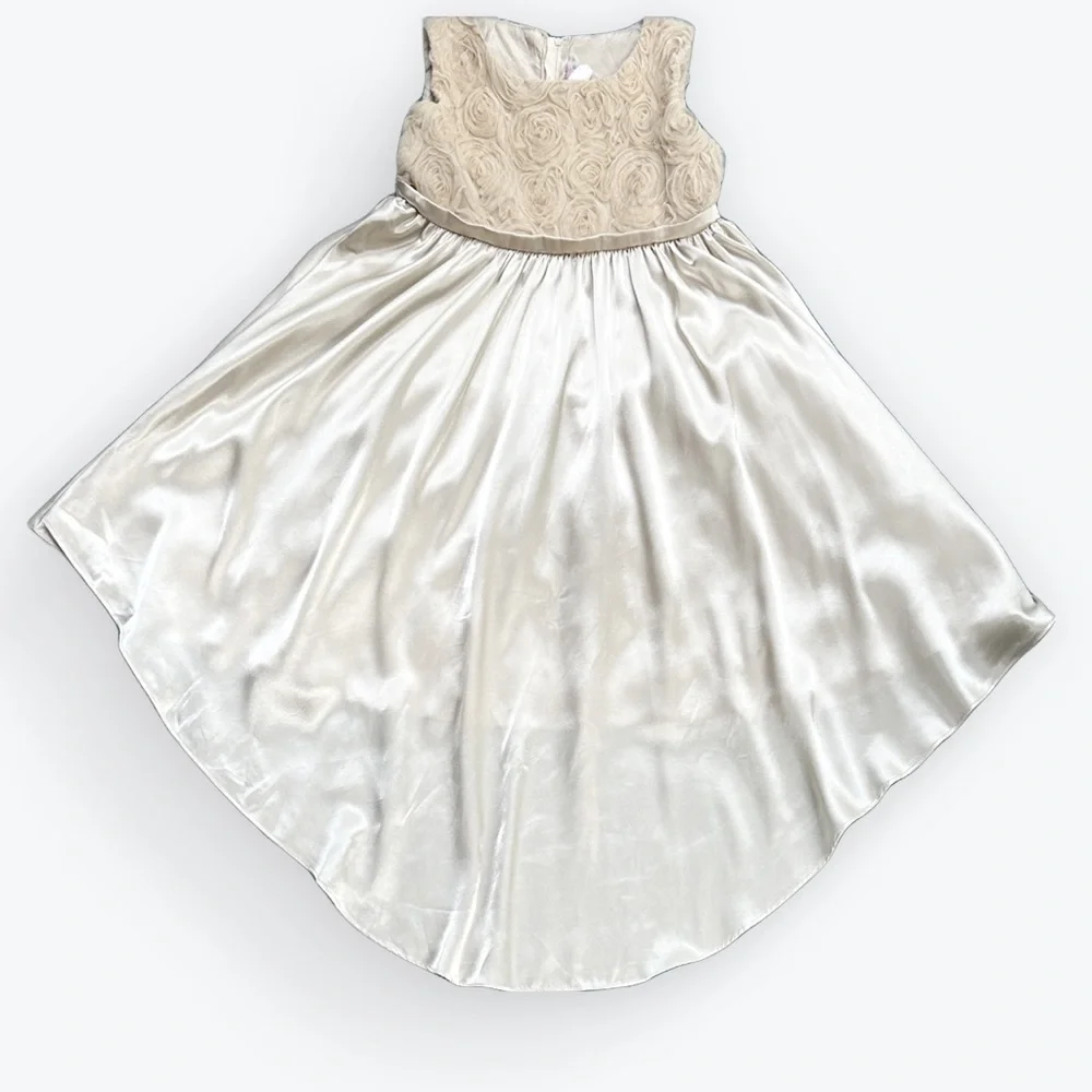 Kid’s Dream Occasion/Flower Girl Champagne Satin Rosette Bodice Dress ~ Kid 9-10